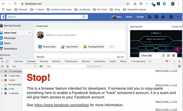 Facebook warns people about scams in the console